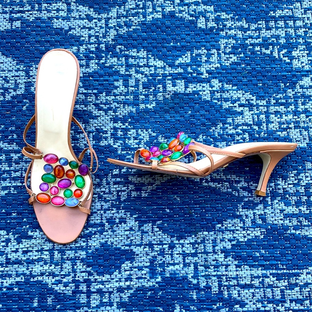 Nicole Miller NY brown leather and jewel tone sandals, Sz 7.5M